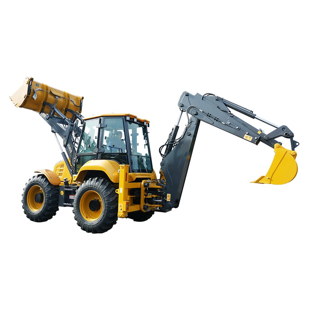 Yellow backhoe loader shown with loader and excavator buckets raised