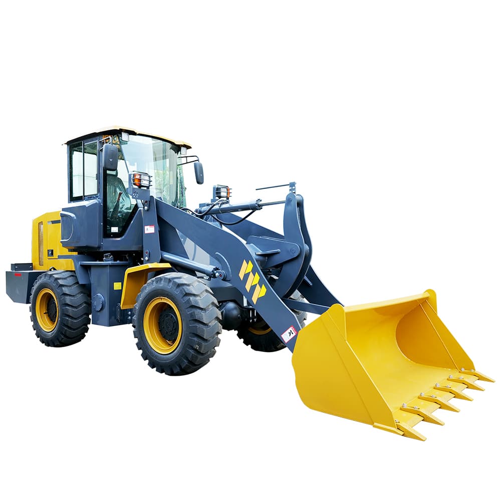 Yellow and dark gray compact wheel loader on a white background
